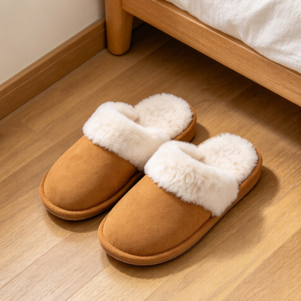 Fuzzy Plush Lined Winter House Slippers Thin Sole