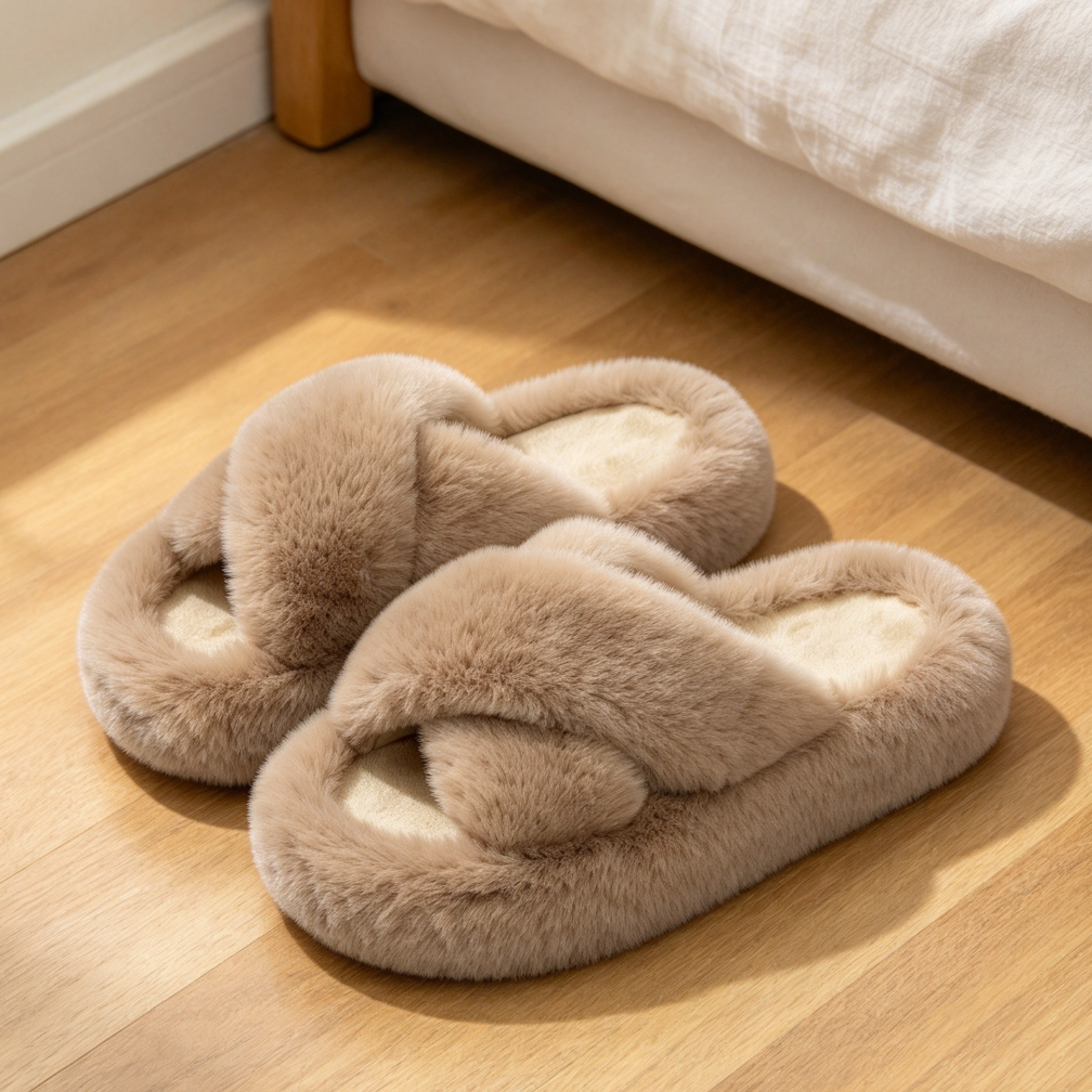Memory Foam Fuzzy Plush Faux Fur Slide Slippers Anti-Skid - Image 2