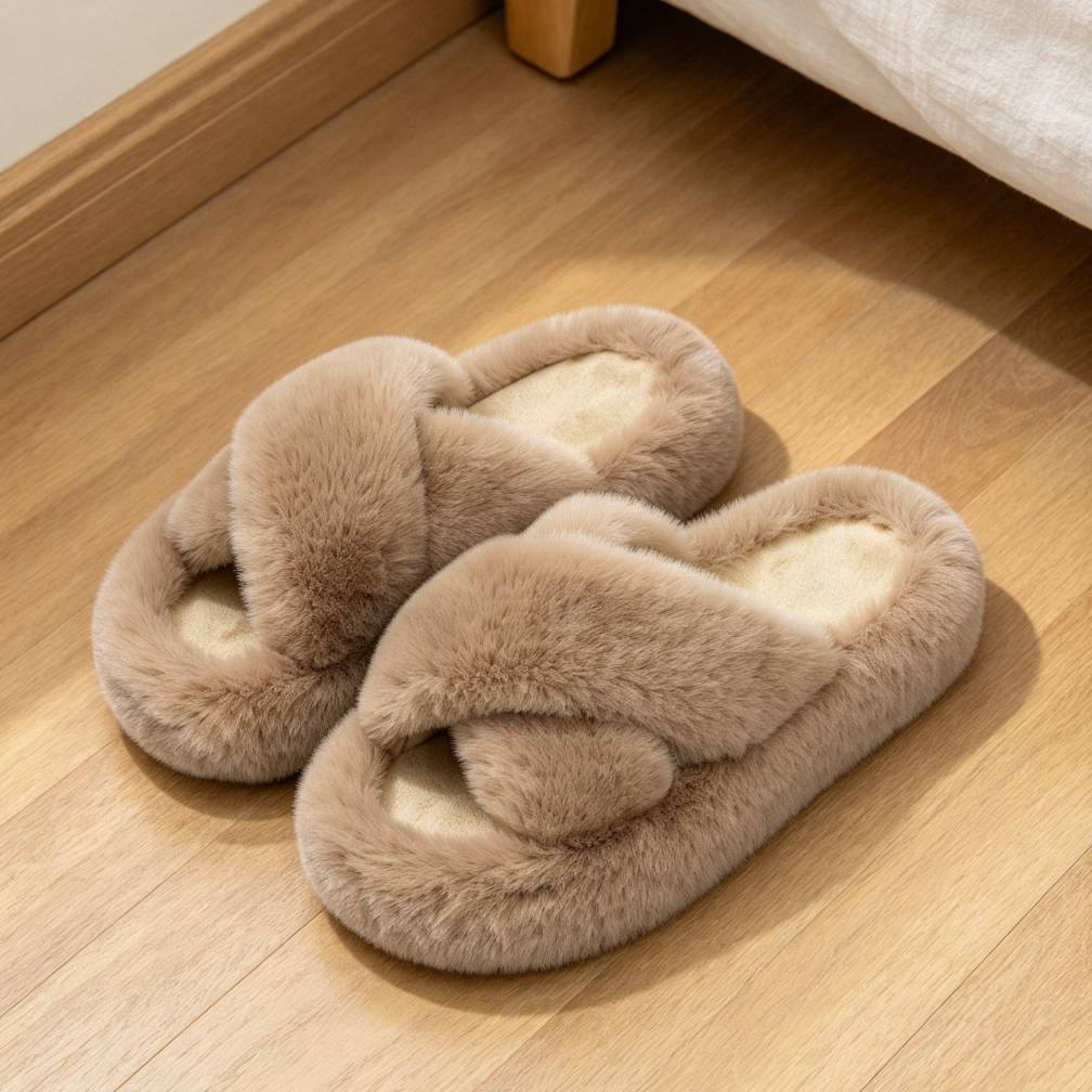 Memory Foam Fuzzy Plush Faux Fur Slide Slippers Anti-Skid