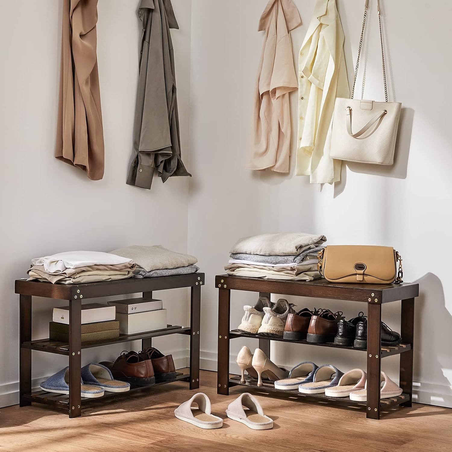 Brown Bamboo 3-Tier Shoe Bench Rack - Image 2