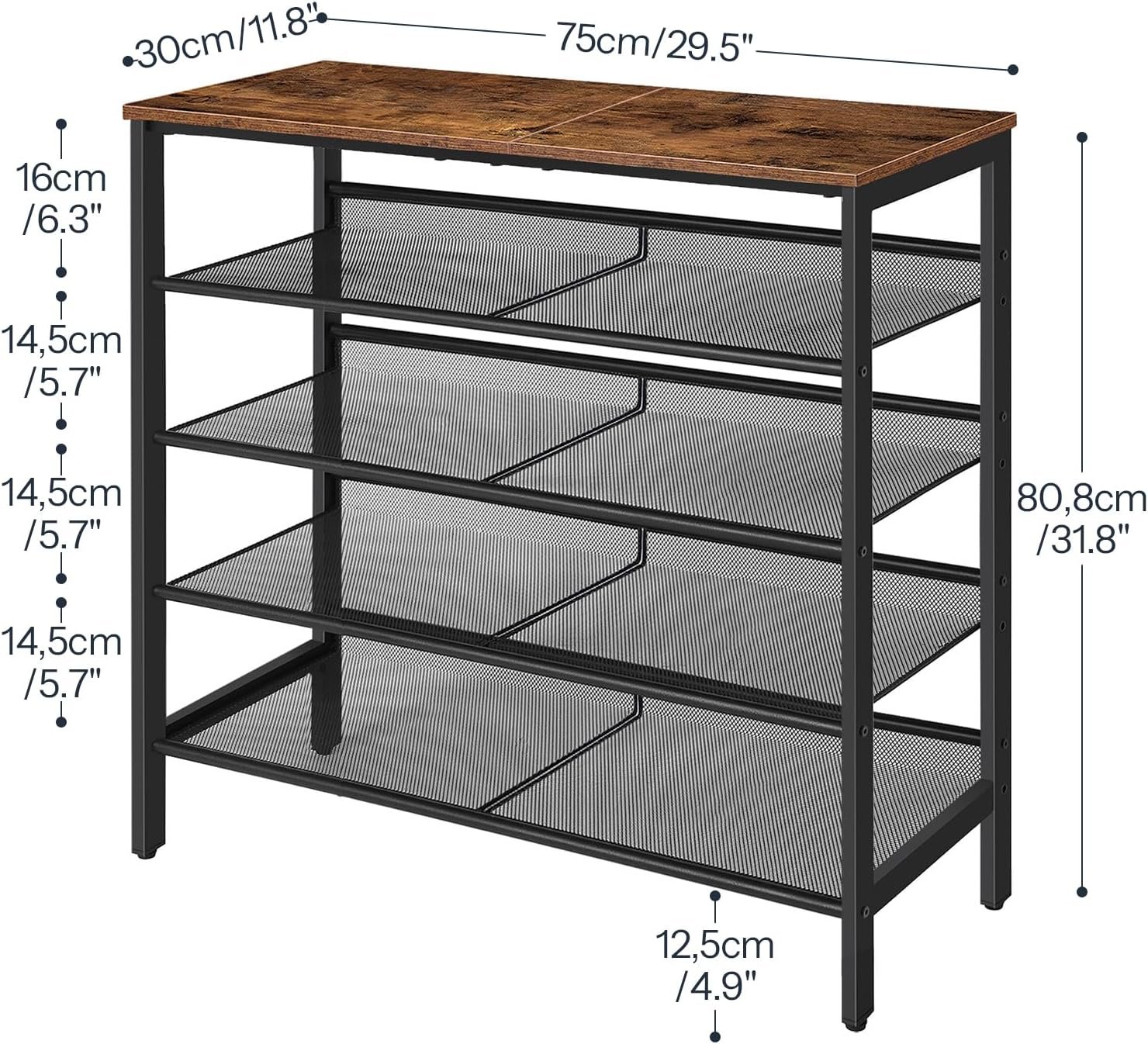 Rustic Brown 5-Tier Mesh Metal Shoe Rack - Image 2