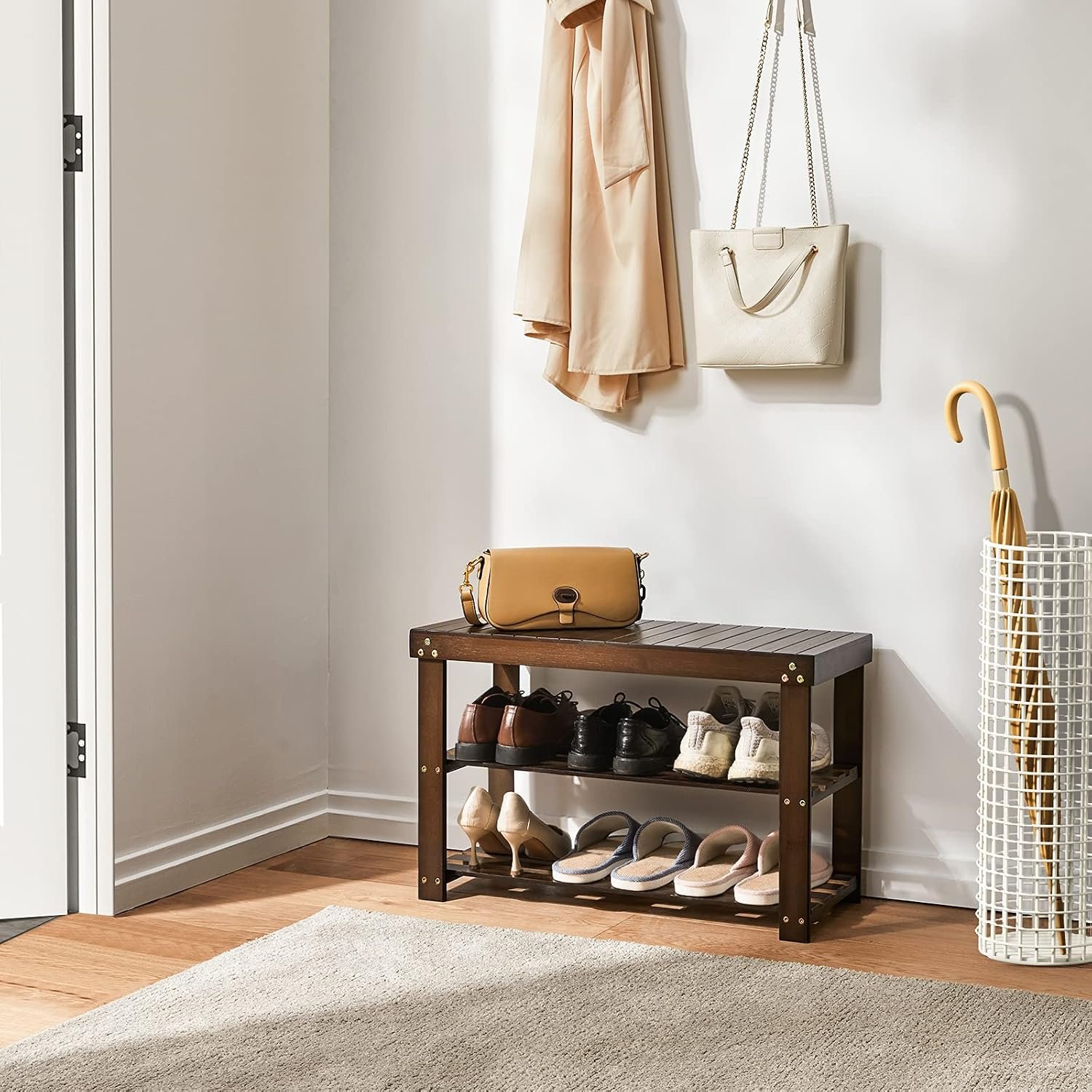 Brown Bamboo 3-Tier Shoe Bench Rack